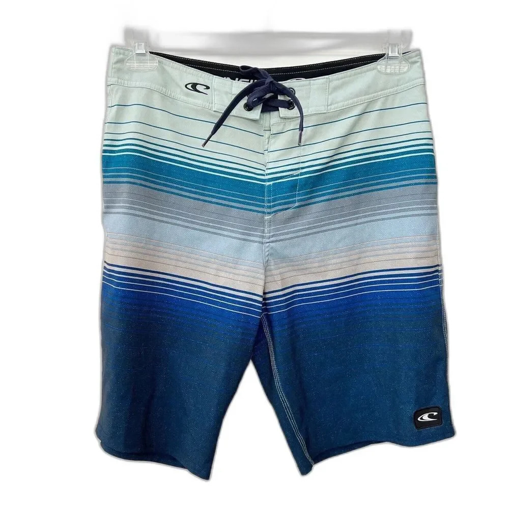 O'Neill Mens sz 30 Board Shorts Swim Trunks 10.5" inseam White Blue Striped